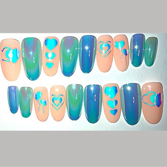 Holo Hearts on Nude with Blue Aurora- press on nail set-Size 0-8, Long Round - Picture 2 of 5
